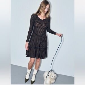 Fashion Brand Company Brown/Black Stripe Tencel/Wool Long Sleeve Ruffle Midi